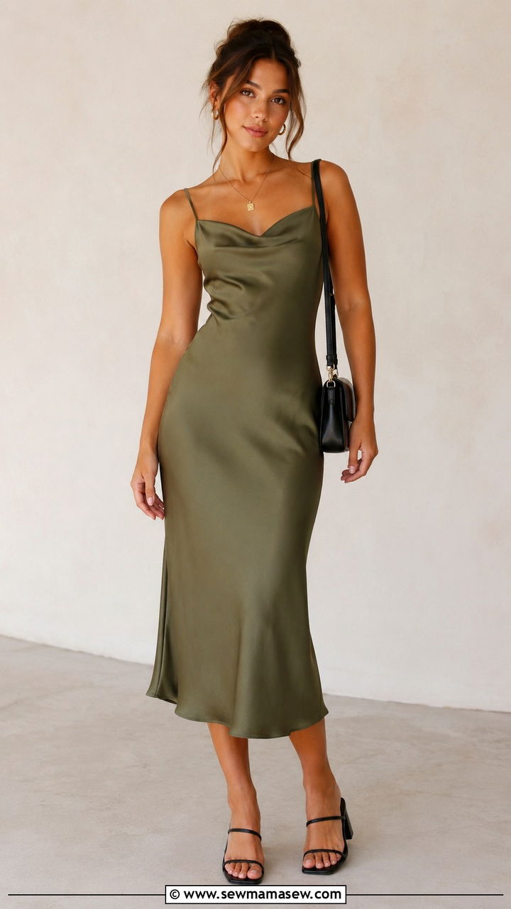 Olive Matte Satin Slip Dress - 30 Minimalist outfit ideas summer 2026