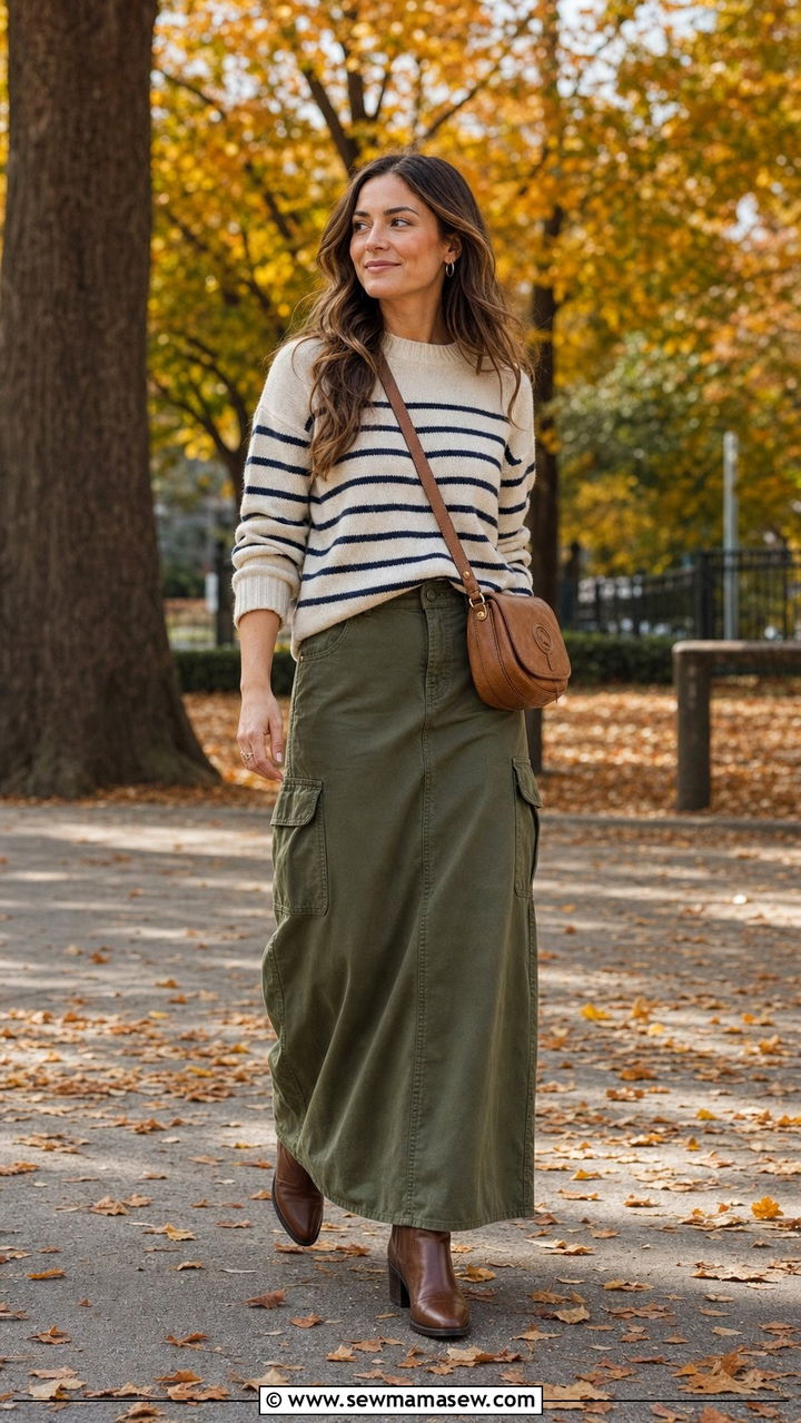 Olive Maxi Cargo Skirt With Striped Sweater And Ankle Boots - 35 cargo skirt outfit ideas