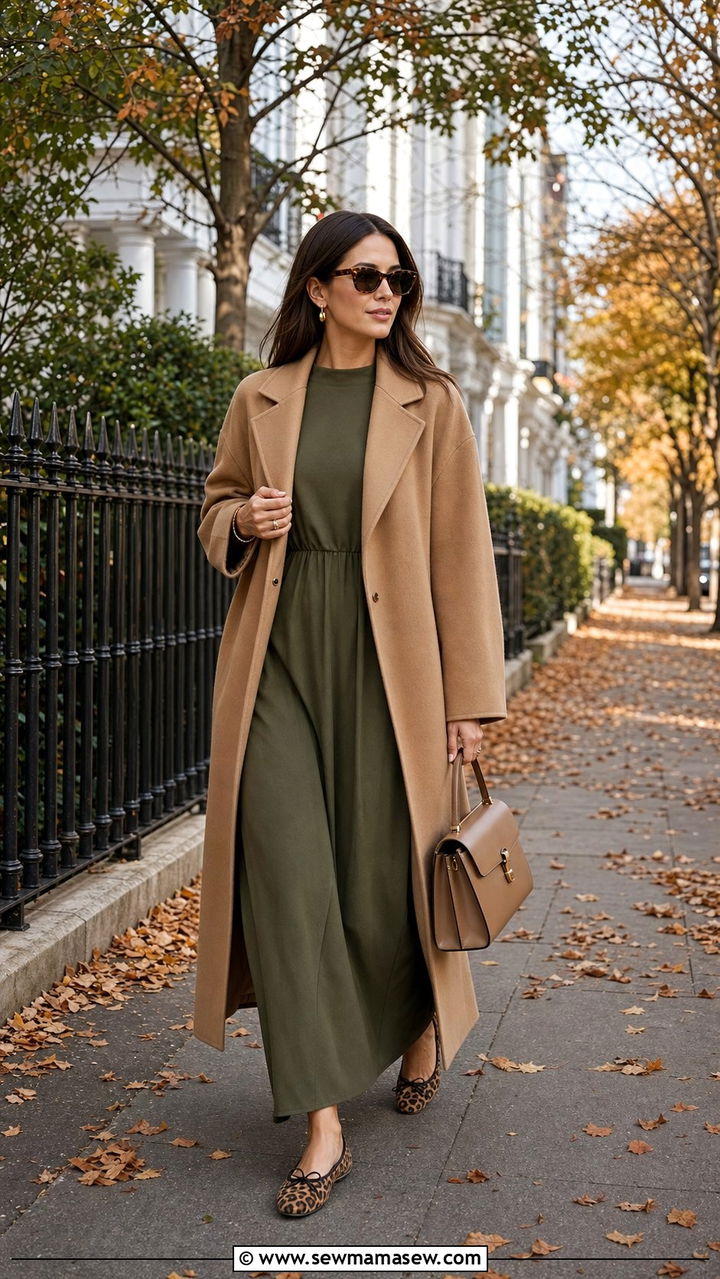 Olive Maxi Dress with Camel Coat and Leopard Flats - 25 cute modest classy outfits