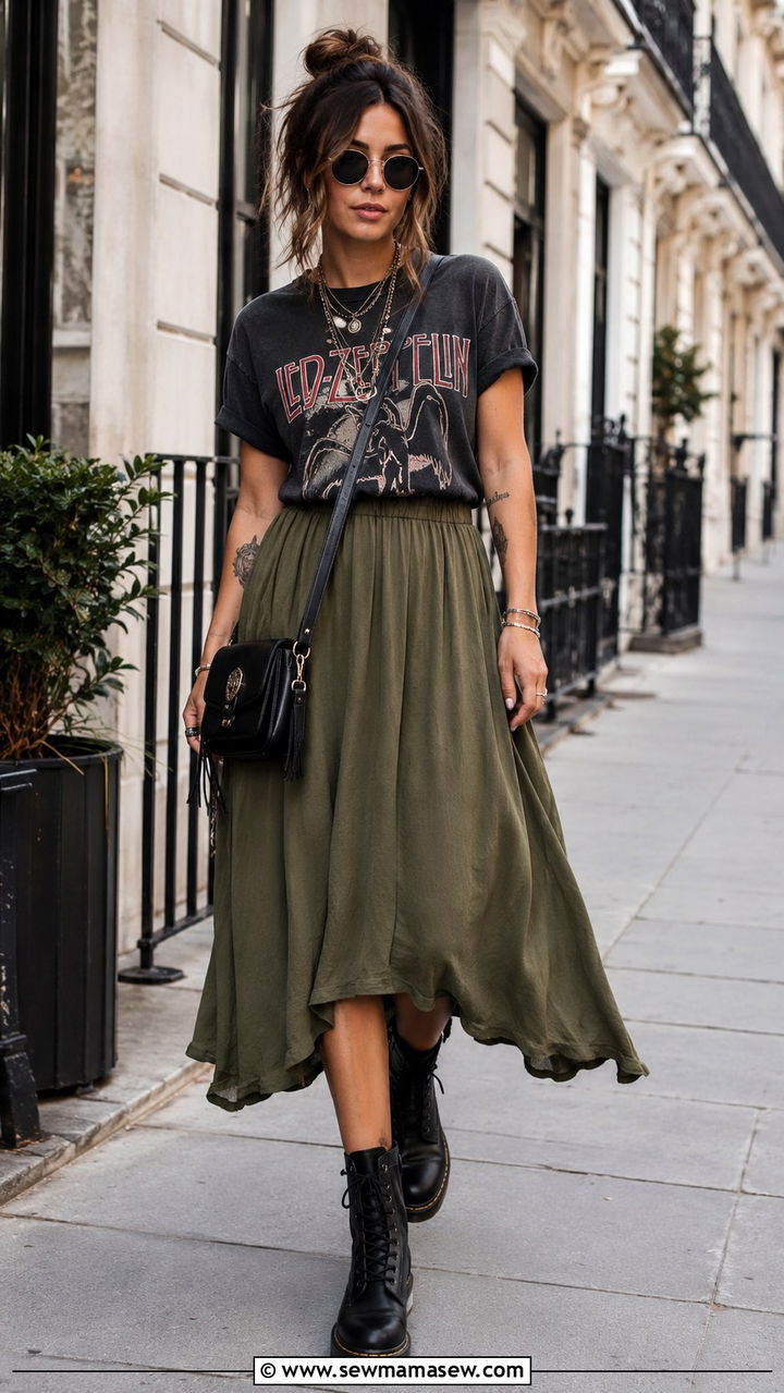 Olive Midi Skirt With Graphic Tee And Boots - 25 Boho outfit ideas with midi skirt