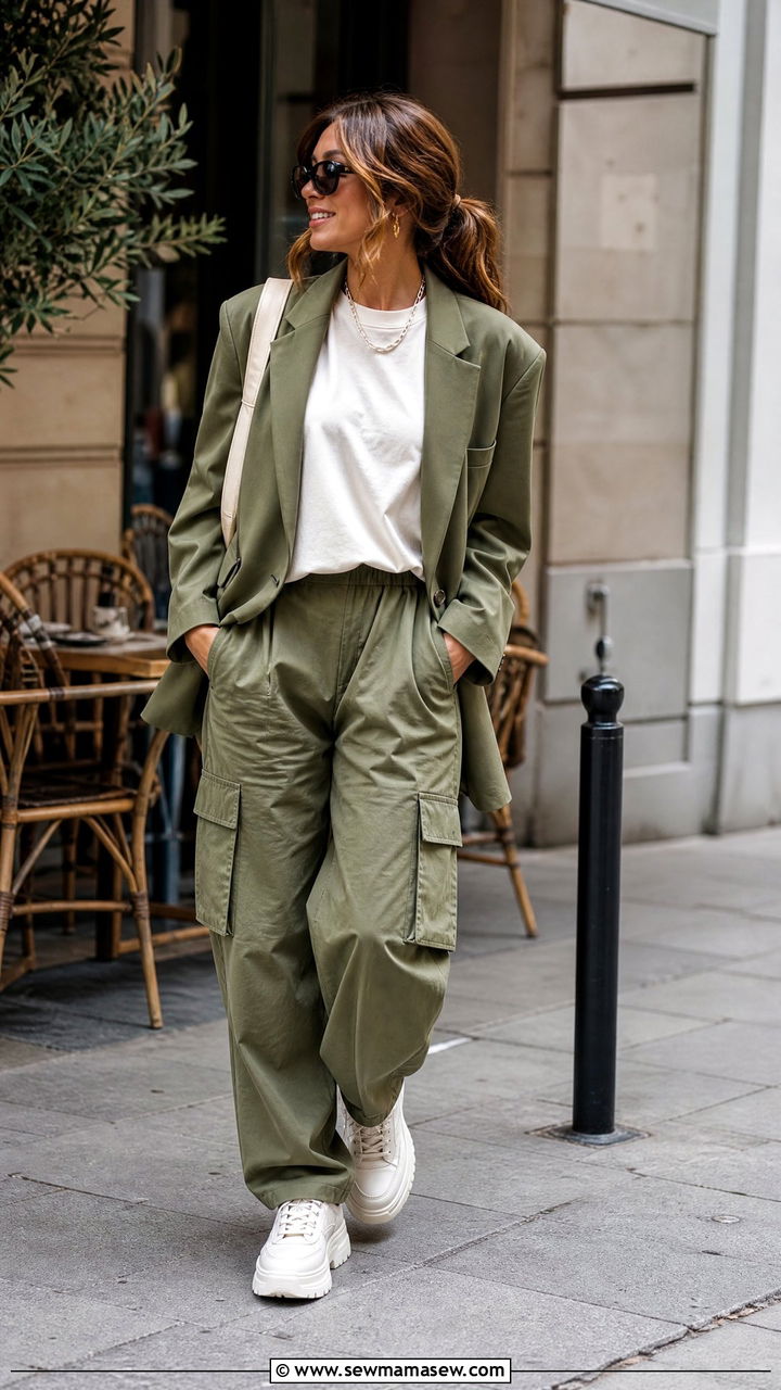 Olive Oversized Blazer With Neutral Tee and Cargo Pants - 30 Oversized blazer outfit ideas with a t-shirt