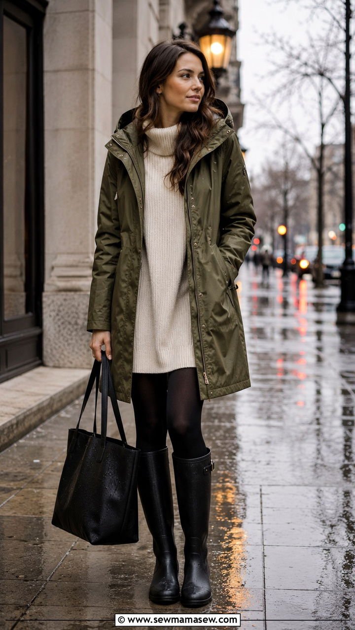 Olive Parka With Sweater Dress And Tall Rain Boots - 30 Rainy day work outfit ideas