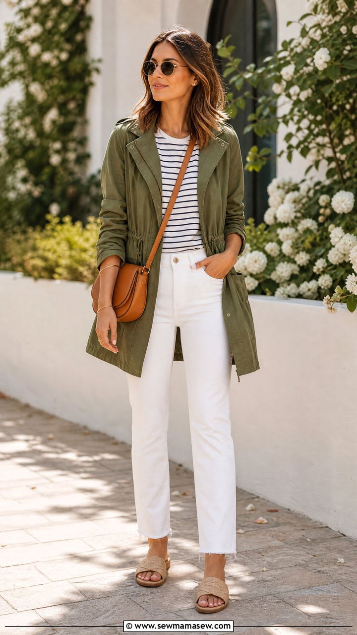 Olive Parka With White Jeans Spring Outfit - 25 Spring outfits with parka