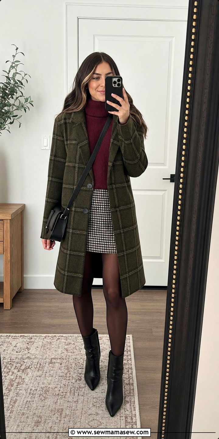 Olive Plaid Coat With Burgundy Turtleneck And Checkered Mini Skirt - 25 dark academia capsule wardrobe outfits