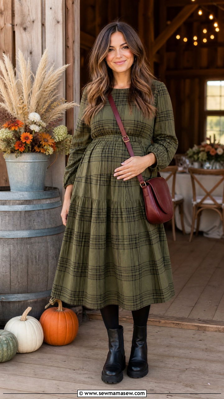 Olive Plaid Midi Dress With Chunky Ankle Boots - 25 Casual baby shower outfits