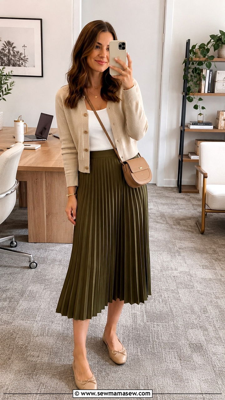 Olive Pleated Midi Skirt with Beige Cardigan - 30 Midi skirt outfit ideas for work