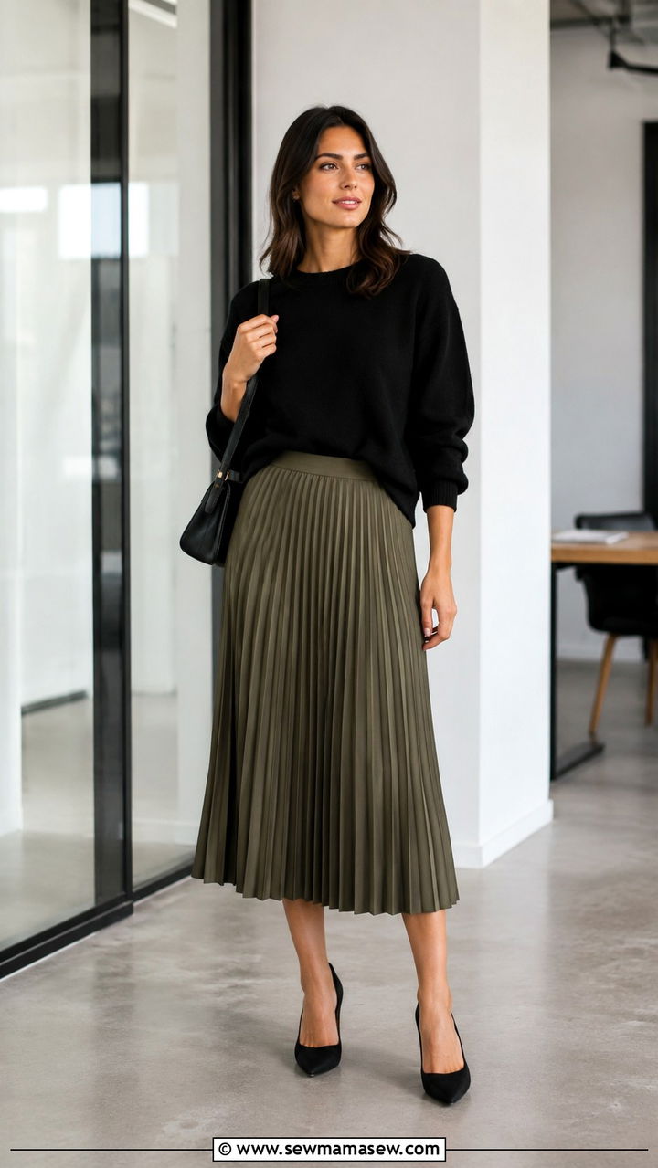 Olive Pleated Skirt With Black Relaxed Sweater - 30 Pleated skirt outfit ideas for work