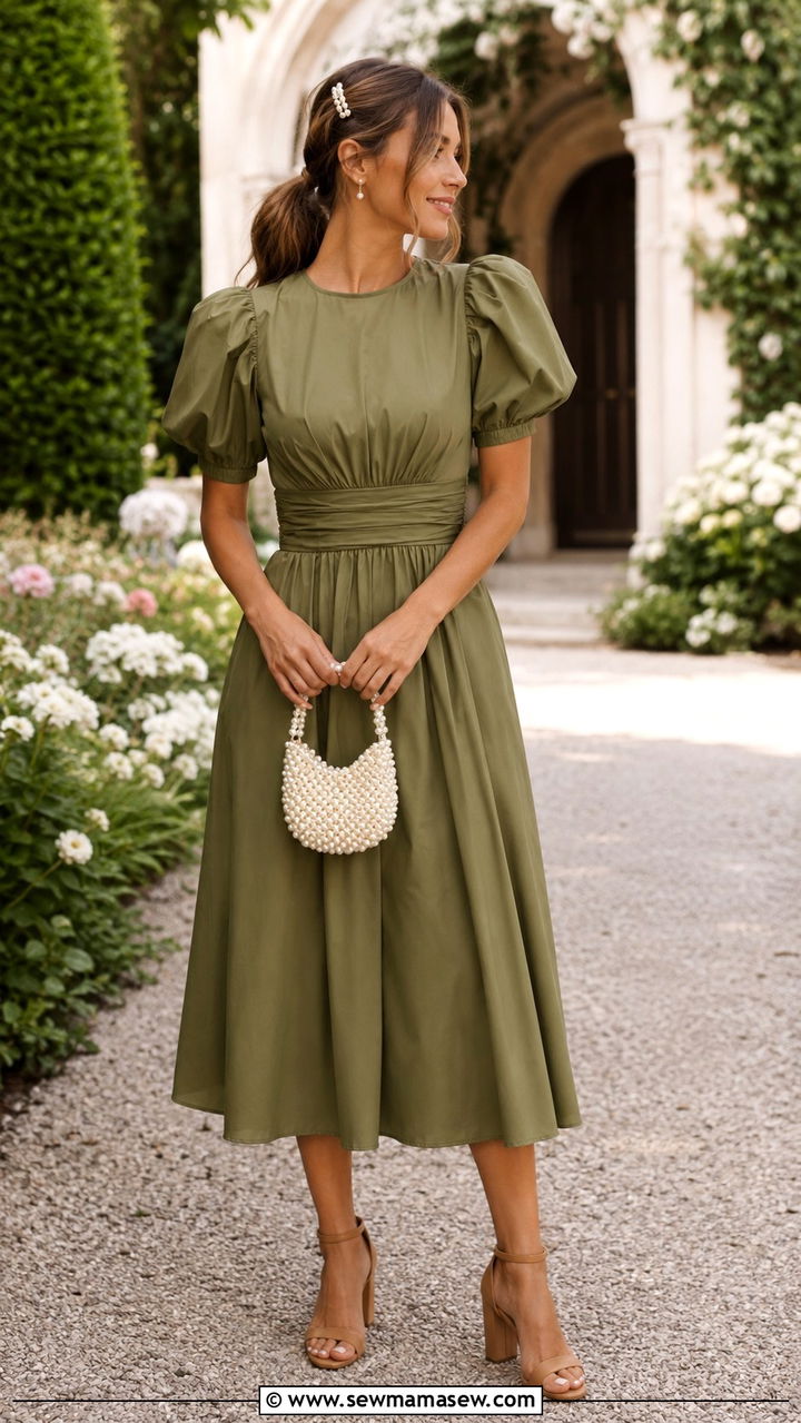 Olive Puff Sleeve Dress For Wedding - 20 Wedding guest outfit ideas olive dress