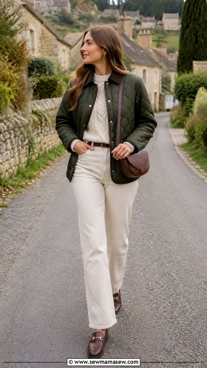 Olive Quilted Jacket and Cream Jeans With Gucci Loafers - 25 Old money outfit ideas with Gucci loafers
