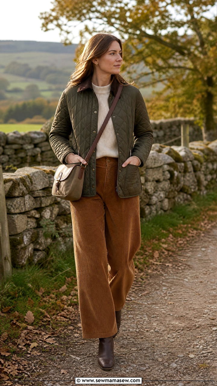 Olive Quilted Jacket with Corduroy Trousers and Leather Boots - 30 old money outfits inspo