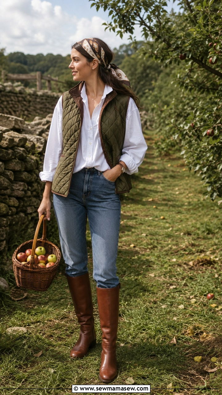 Olive Quilted Vest with White Button Down and Straight Leg Jeans - 25 Old money outfit ideas affordable