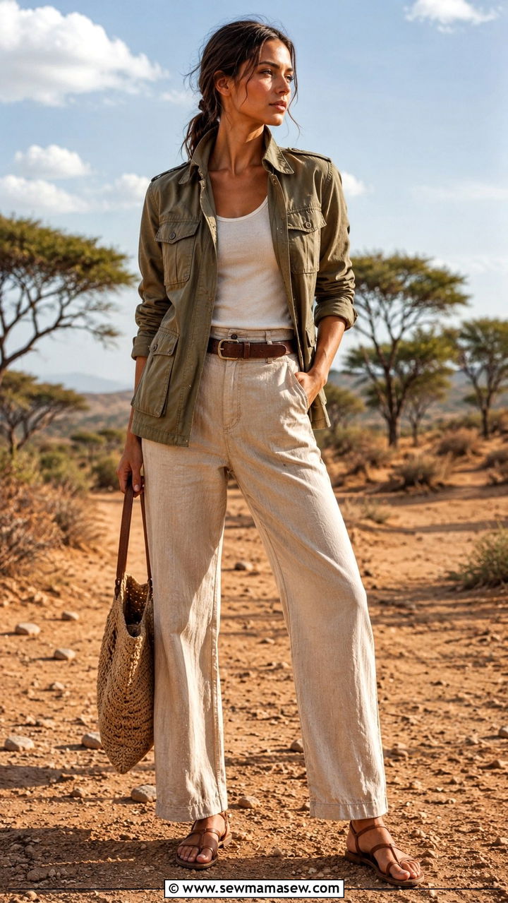 Olive Safari Jacket with Linen Trousers and Tank - 25 Quiet luxury outfit ideas for travel