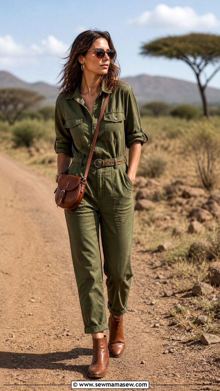 Olive Safari Jumpsuit With Ankle Boots - 40 Safari outfit ideas