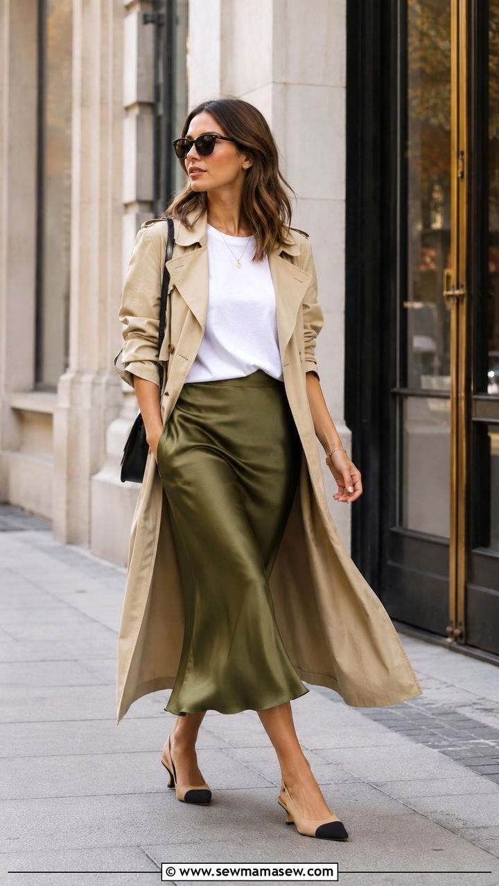Olive Satin Midi Skirt With Trench Coat and Kitten Heels - 30 Satin midi skirt outfit ideas