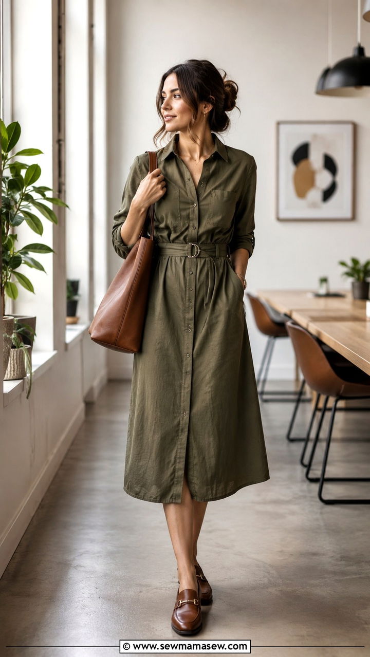 Olive Shirt Midi Dress With Brown Loafers and Tote - 30 Midi dress for work outfit ideas