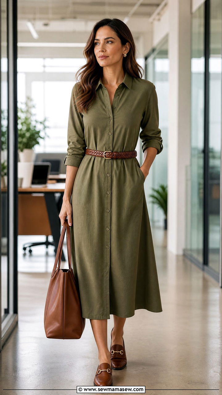 Olive Shirt Midi Dress With Brown Loafers - 25 Business casual outfits with midi dress