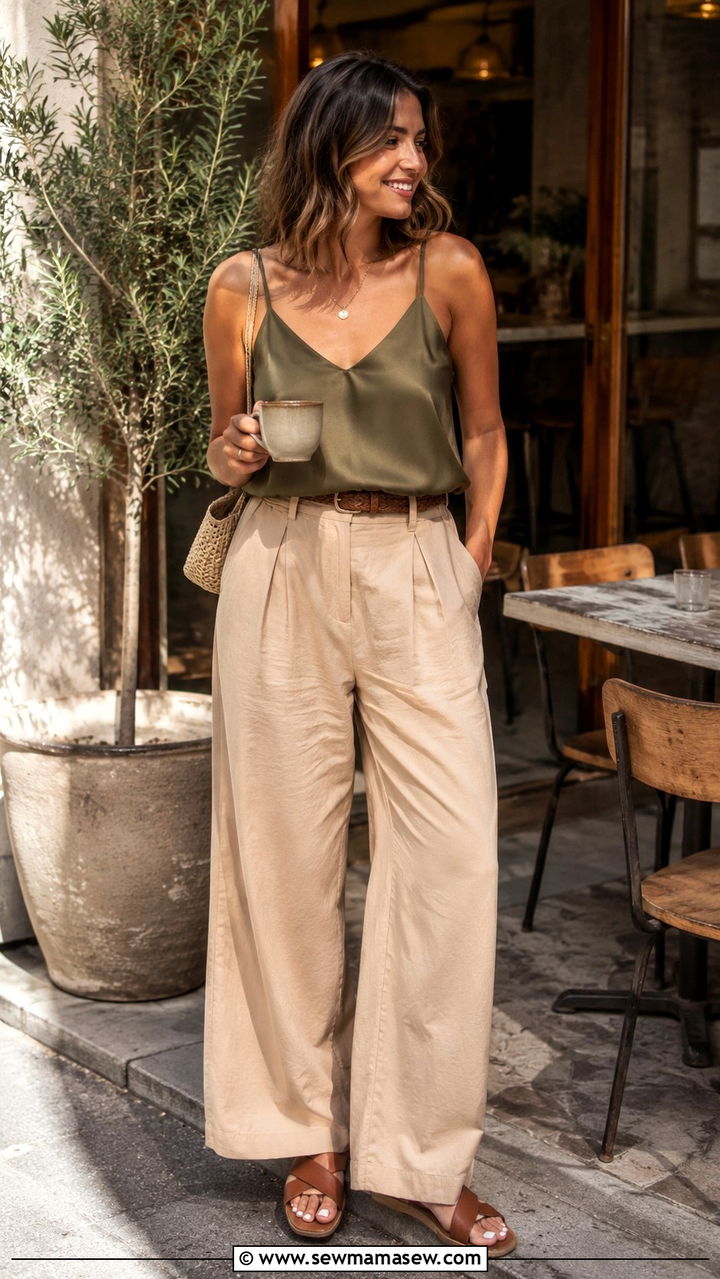 Olive Silk Tank and Beige Wide Leg Khakis Outfit - 30 Quiet luxury wardrobe essentials