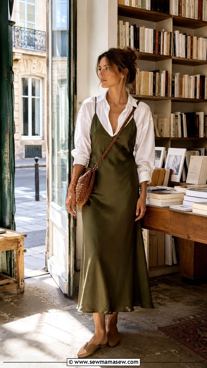 Olive Slip Dress Over White Button Down - 30 cute Paris outfits