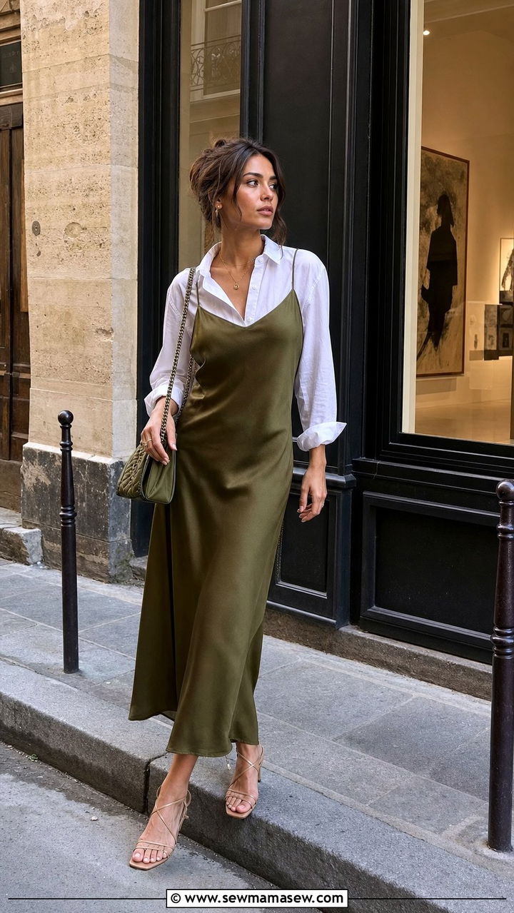 Olive Slip Dress with White Button Down and Strappy Sandals - 25 classy Paris outfits