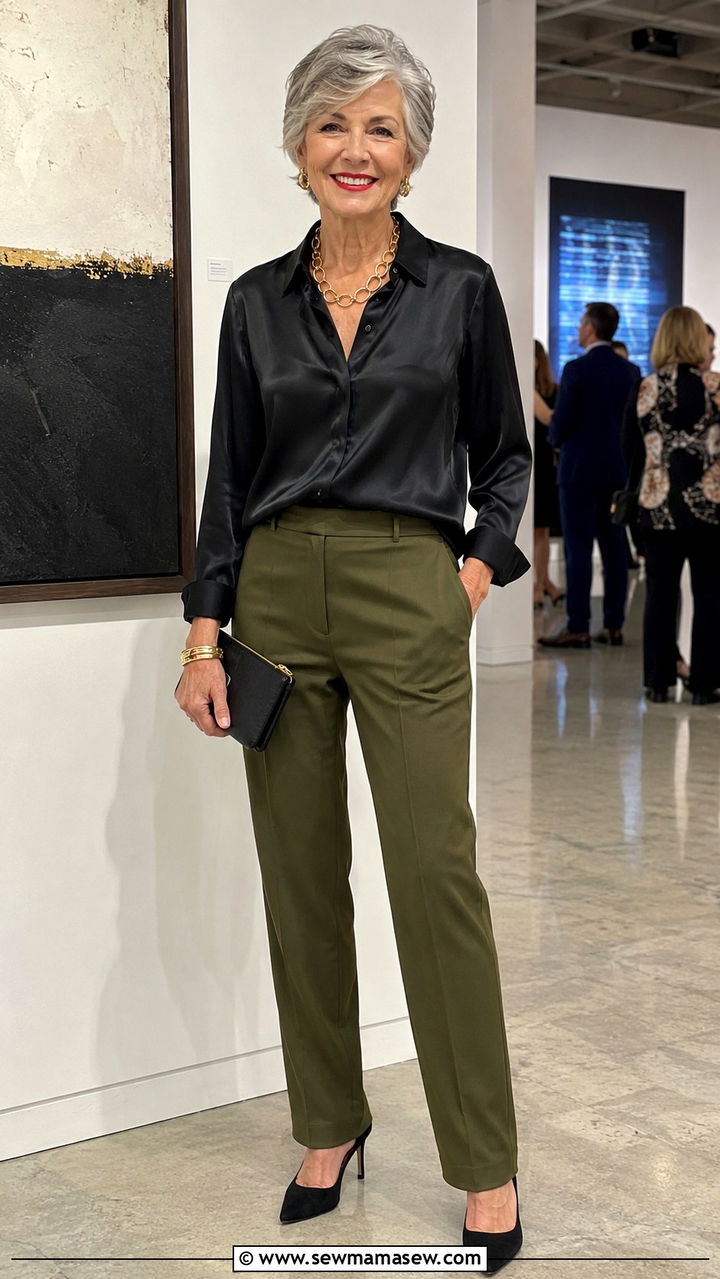 Olive StraightLeg Pants With Black Silk Blouse - 30 Classy outfits for women over 60