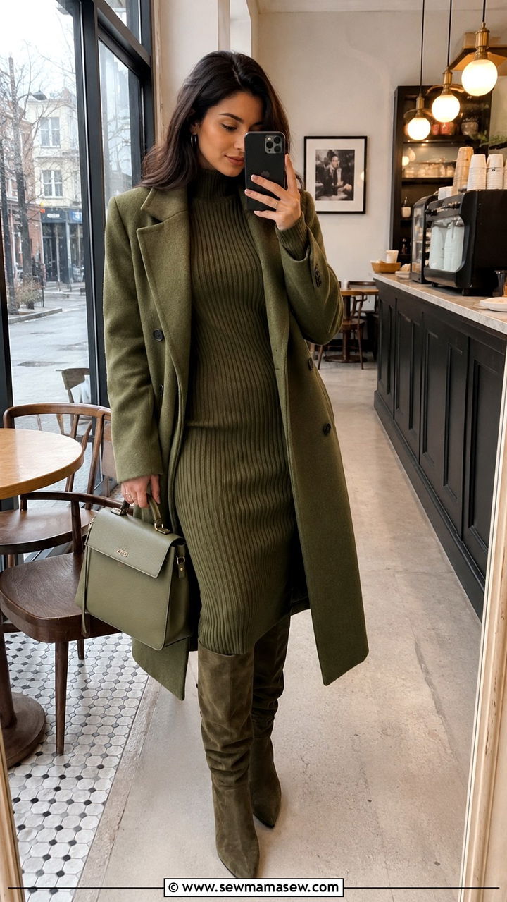 Olive Sweater Dress And Boots - 30 Monochromatic olive outfits