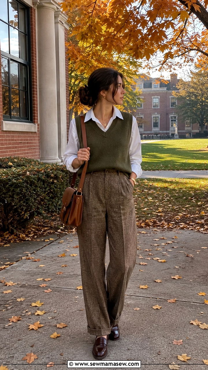 Olive Sweater Vest Over White Button Down With Brown Trousers - 30 light academia outfits inspo