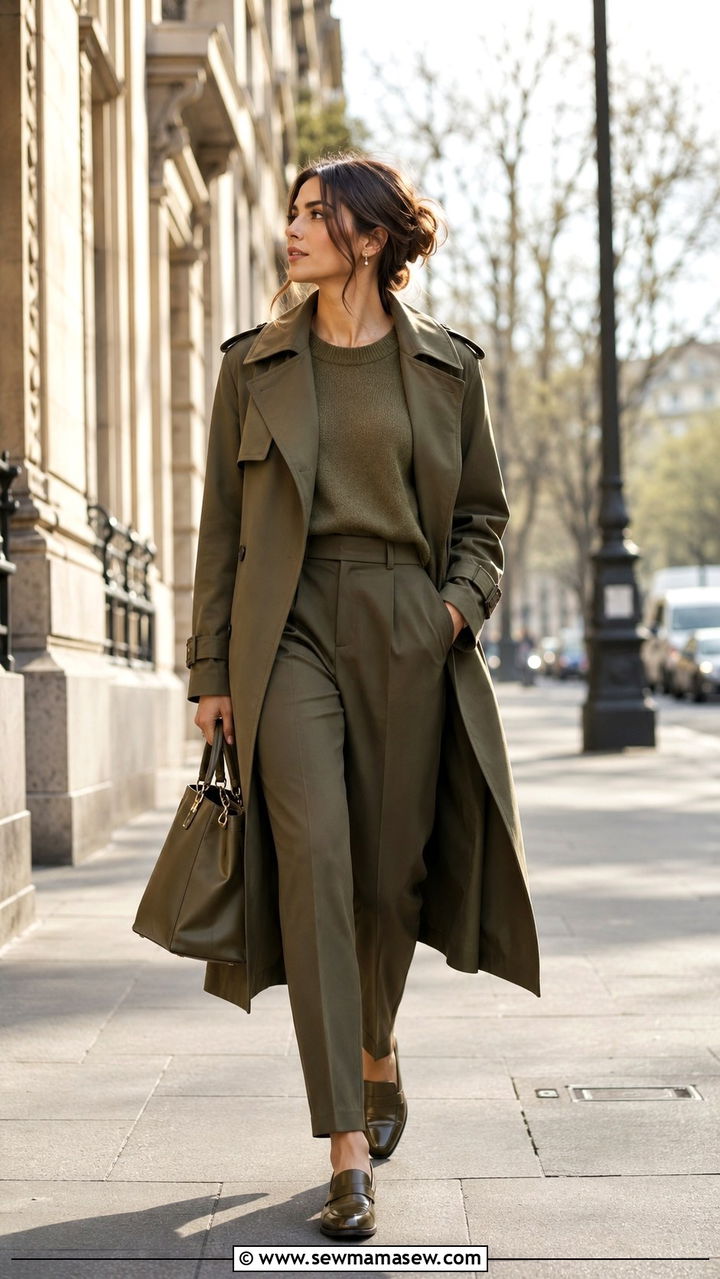 Olive Trench Coat Monochrome Look - 30 Monochromatic olive outfits
