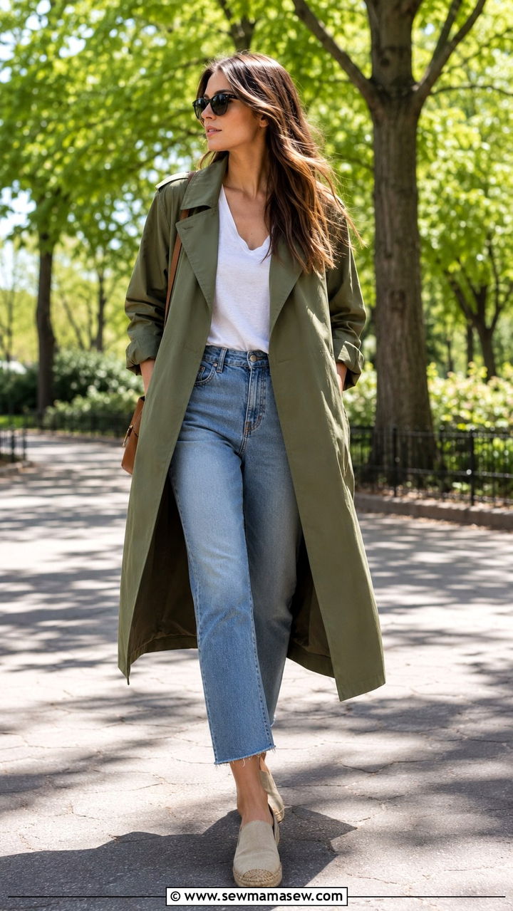 Olive Trench Coat With Cropped Jeans and Espadrilles - 30 Long trench coat outfit ideas with jeans