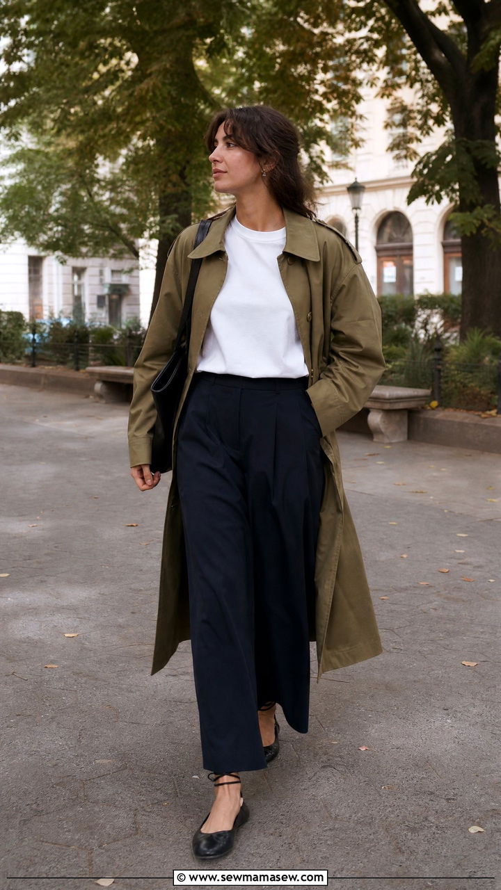 Olive Trench Coat With Navy Wide Leg Trousers And Ballet Flats - 25 Quiet luxury outfit ideas The Row style
