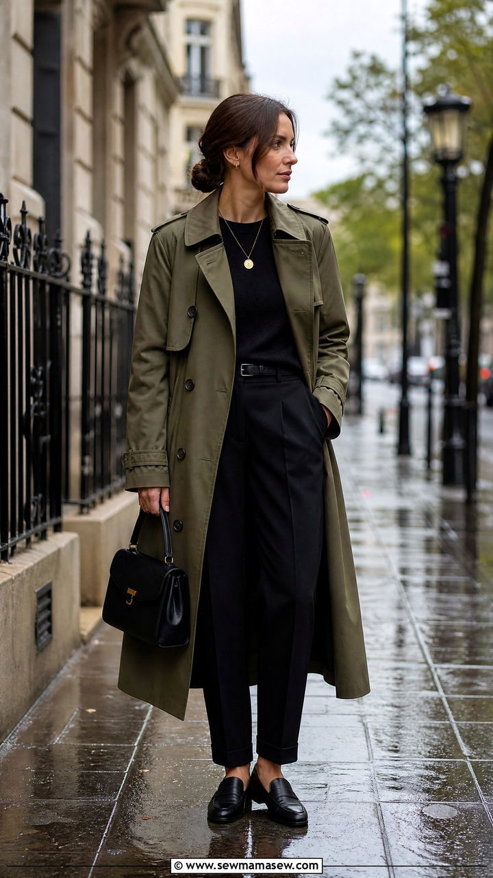 Olive Trench Coat and All Black Base - 25 Old money outfit ideas budget