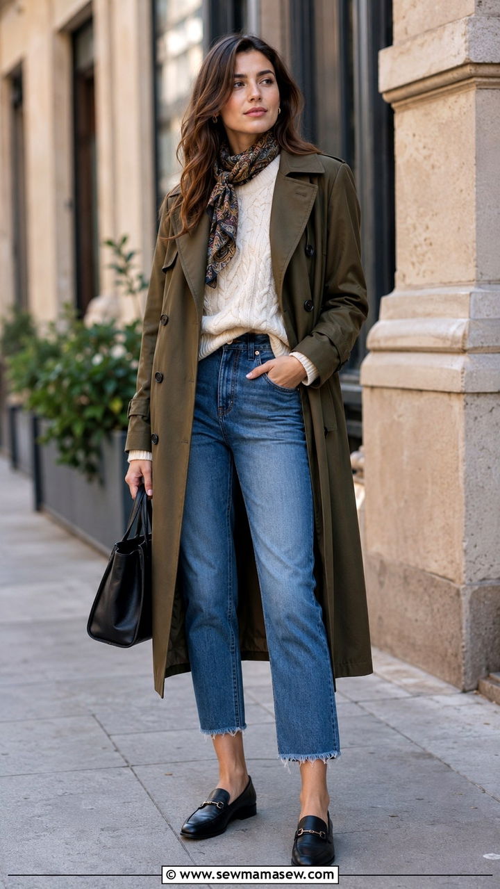 Olive Trench Coat with Cable Knit Sweater and Cropped Blue Jeans - 30 Long trench coat outfit ideas with a sweater