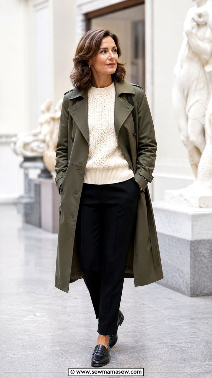 Olive Trench Coat with Cream Sweater and Black Trousers - 30 trench coat outfits for women over 40