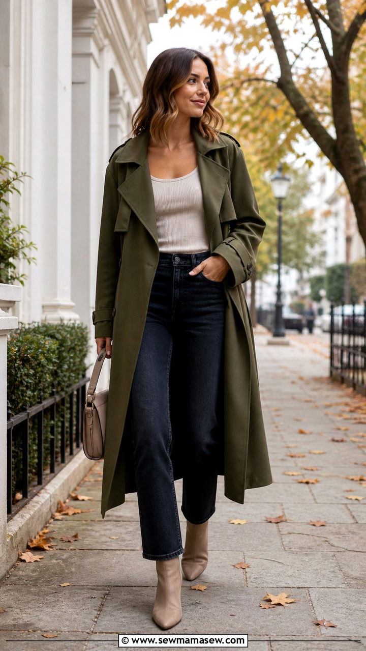 Olive Trench Coat with Dark Jeans and a Ribbed Tank - 40 casual trench coat outfits
