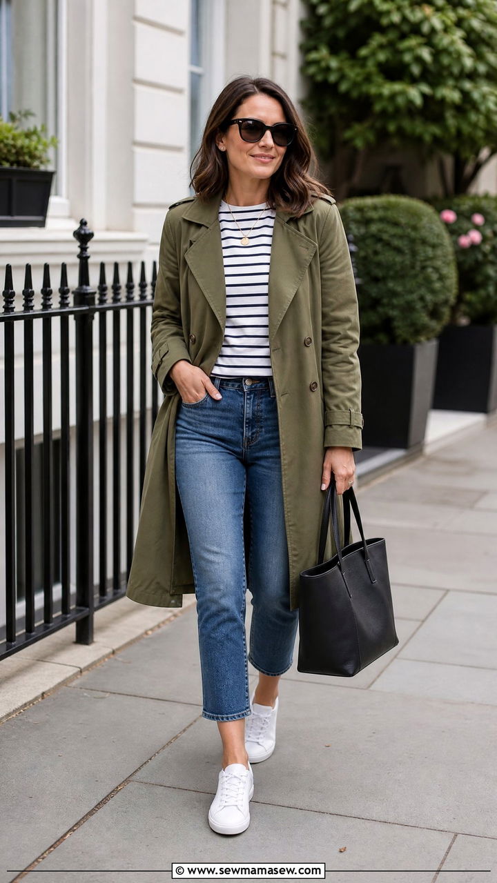 Olive Trench Coat with Striped Tee and Cropped Jeans - 30 casual outfits for women over 30