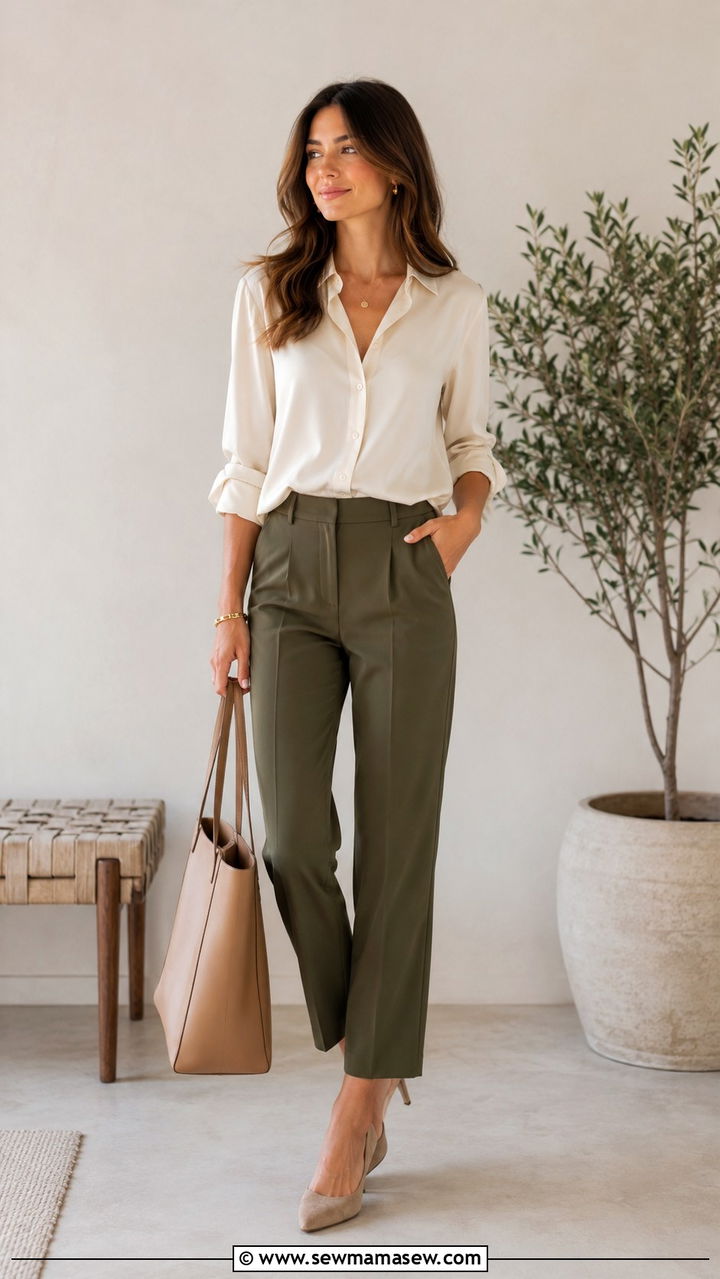 Olive Trousers And Cream Blouse - 30 classy minimalist outfit ideas