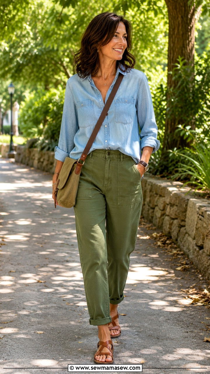 Olive Trousers With Chambray Shirt - 25 trousers outfits for women over 40