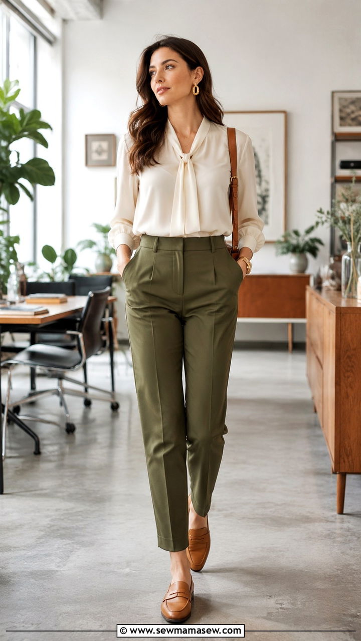 Olive Trousers with Cream Blouse - 30 Office outfits with trousers