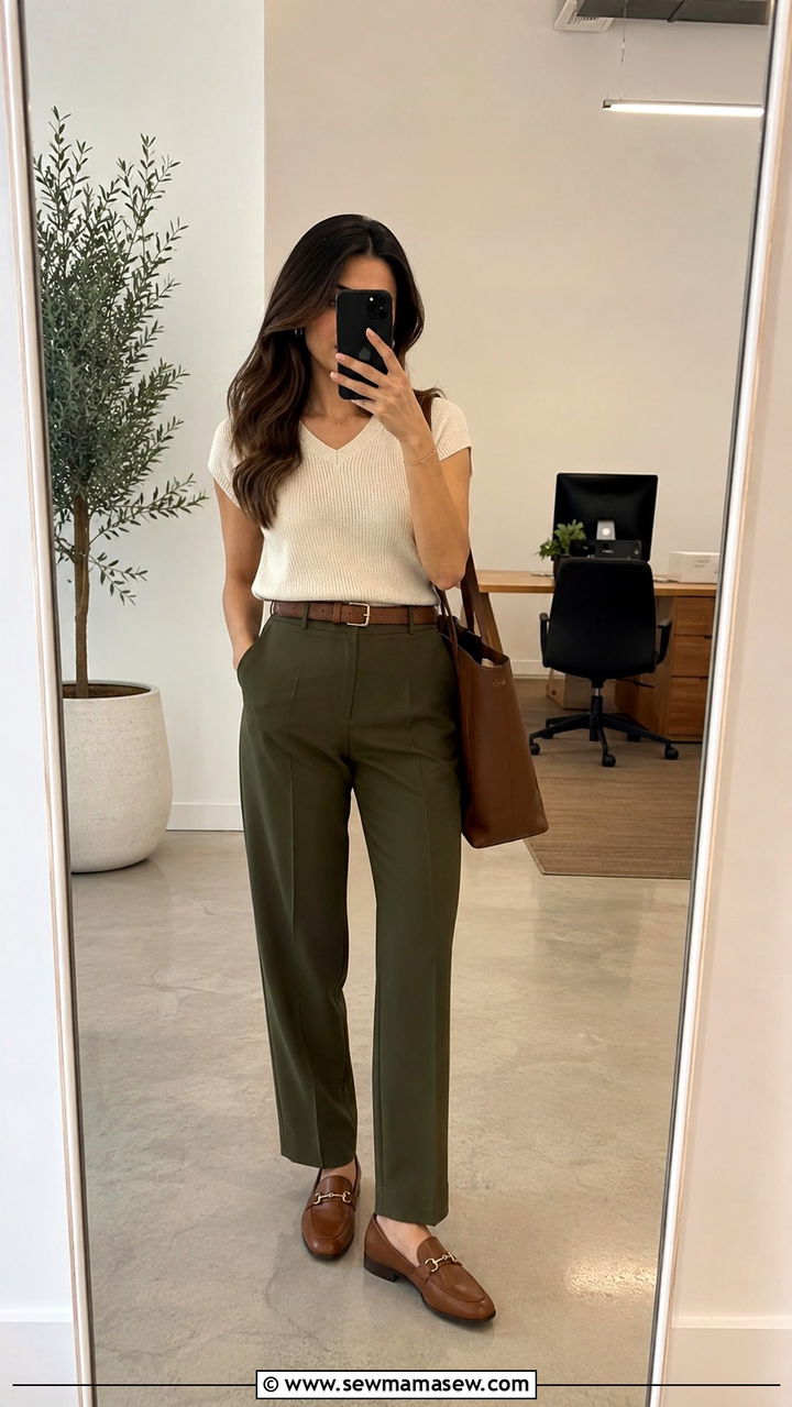 Olive Trousers with Cream Knit Top and Brown Loafers - 30 Modest outfit ideas for work