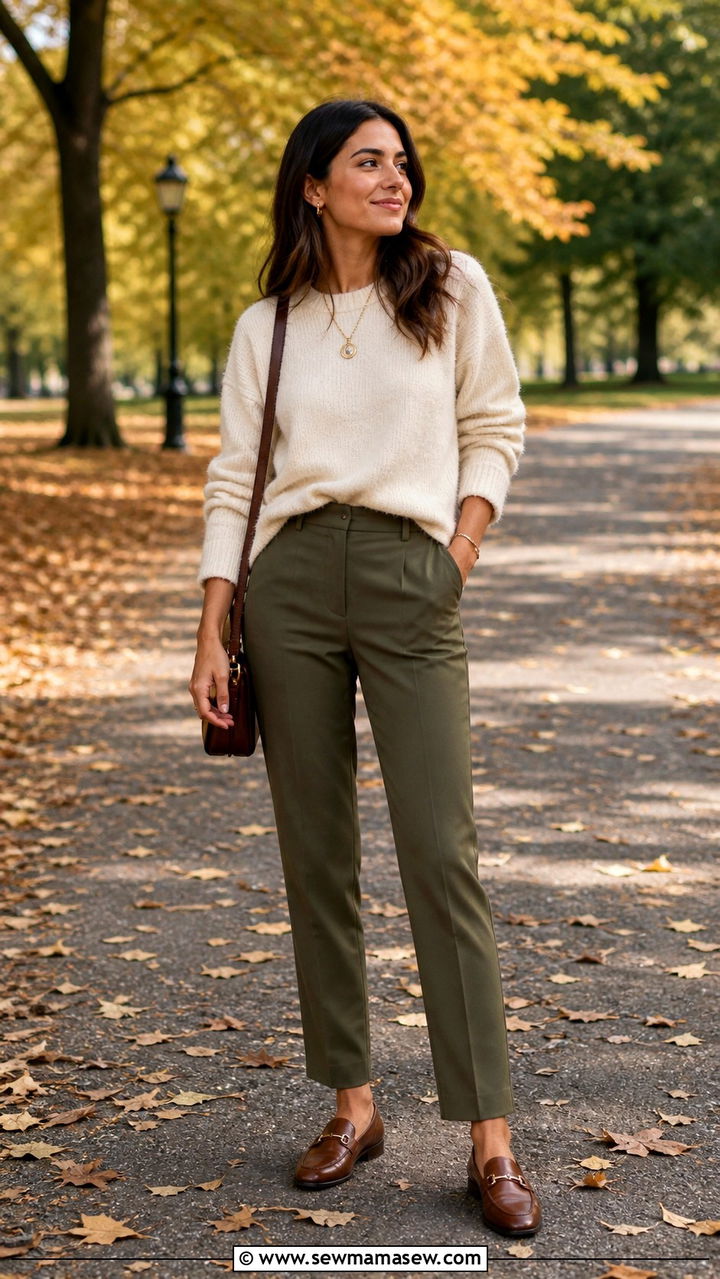 Olive Trousers with Cream Sweater - 40 Clean girl outfit ideas