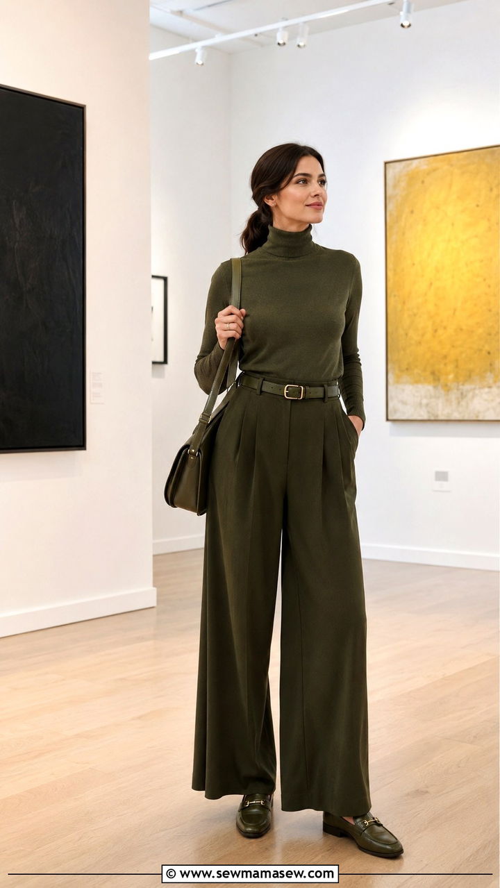 Olive Turtleneck And Wide Leg Pants - 30 Monochromatic olive outfits