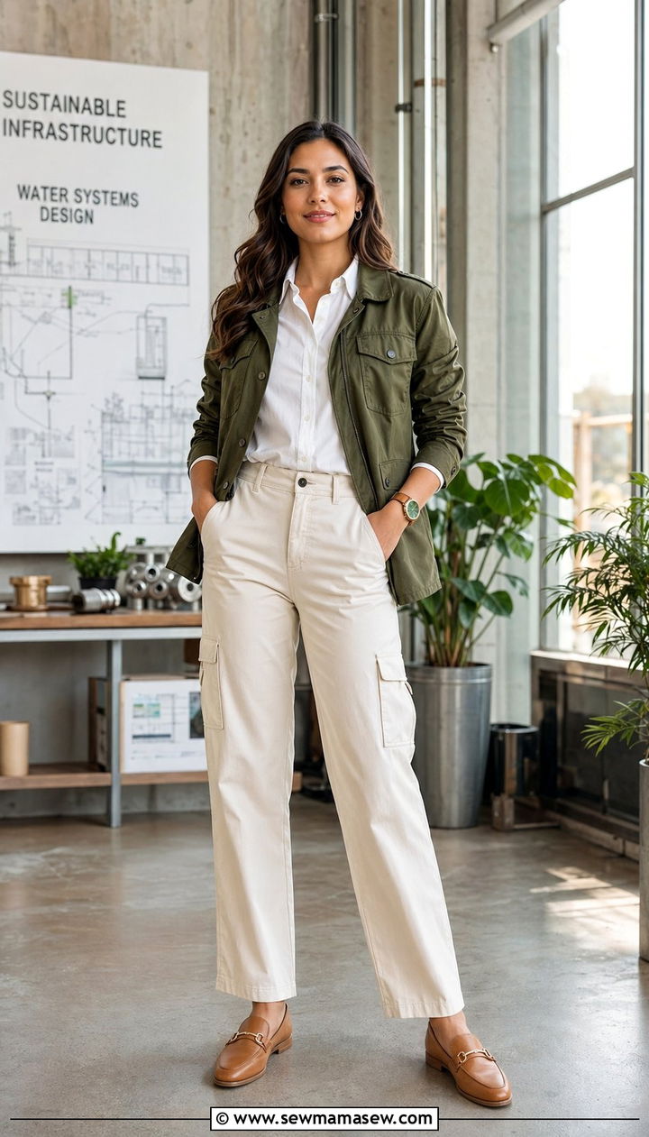 Olive Utility Jacket And White Blouse Outfit - 30 Zoom interview outfit ideas