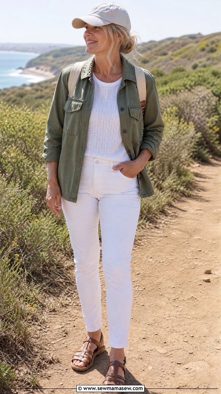 Olive Utility Jacket And White Skinny Jeans Outfit - 30 Coastal grandmother spring outfits