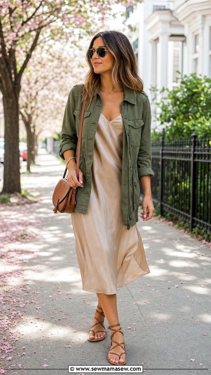 Olive Utility Jacket Over a Slip Dress - 25 spring utility chic outfit ideas
