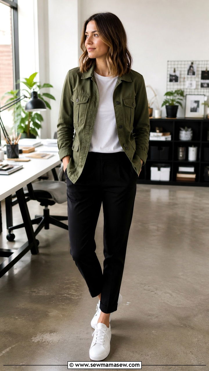 Olive Utility Jacket With Black Trousers and White Sneakers - 40 First day of work outfits