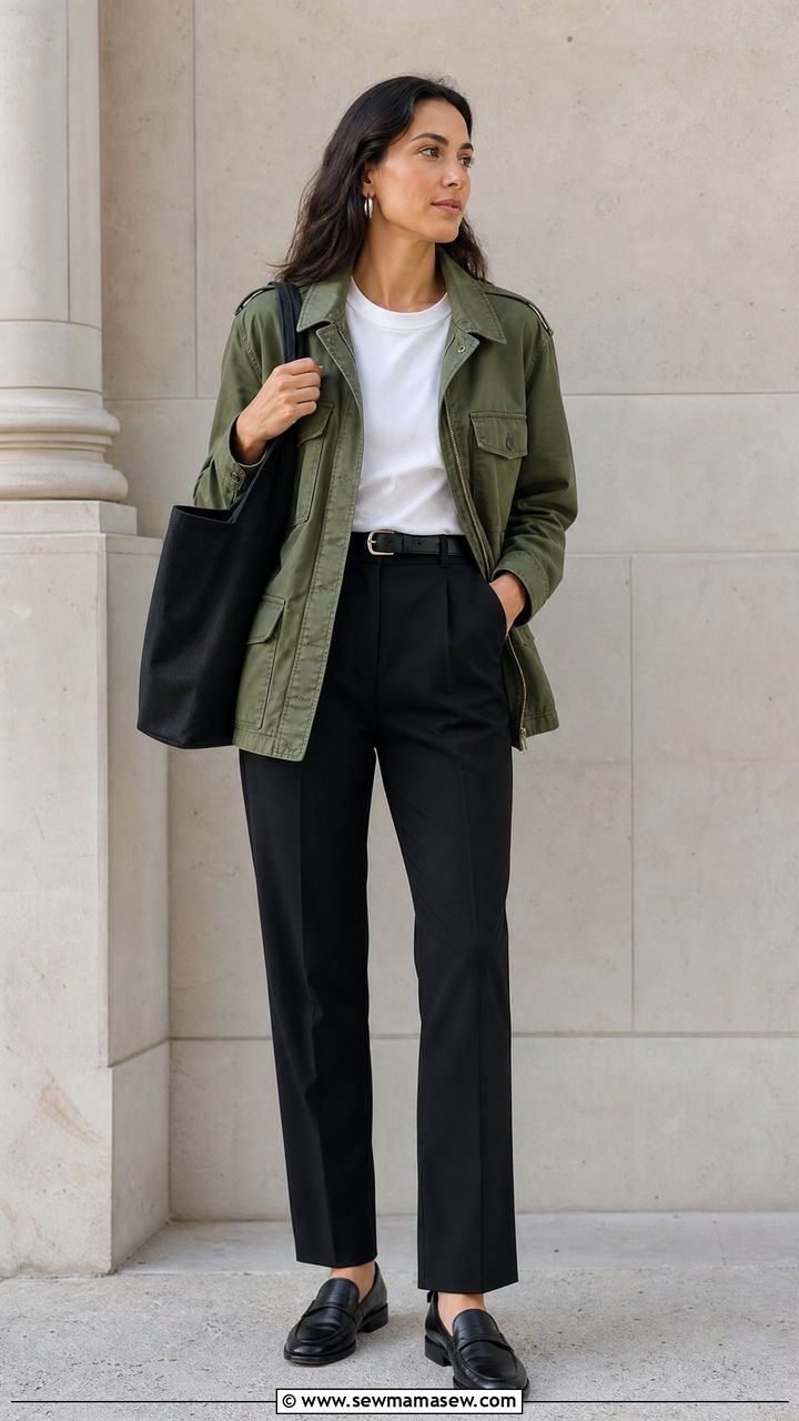 Olive Utility Jacket With Black Trousers - 35 Minimalist work outfits