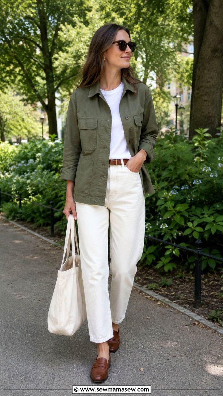 Olive Utility Jacket With Cream Jeans Outfit - 30 casual quiet luxury outfits