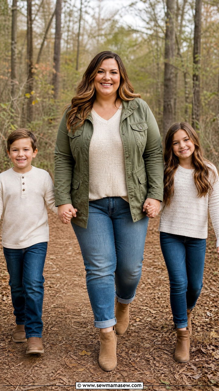 Olive Utility Jacket With Cream Knit And Jeans - 30 Plus size outfit ideas for family photos