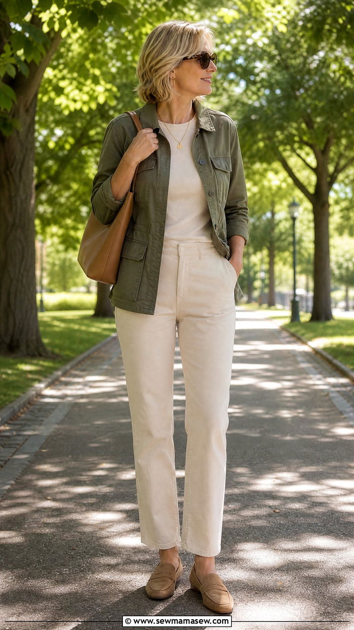 Olive Utility Jacket With Cream Trousers - 30 clean girl outfit ideas for women over 40