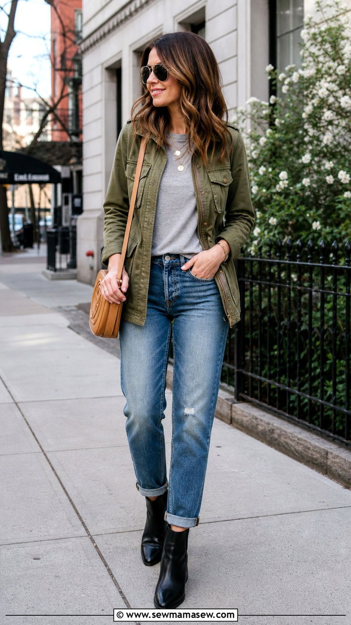 Olive Utility Jacket With Grey Tee and Relaxed Jeans - 40 casual vacation outfits