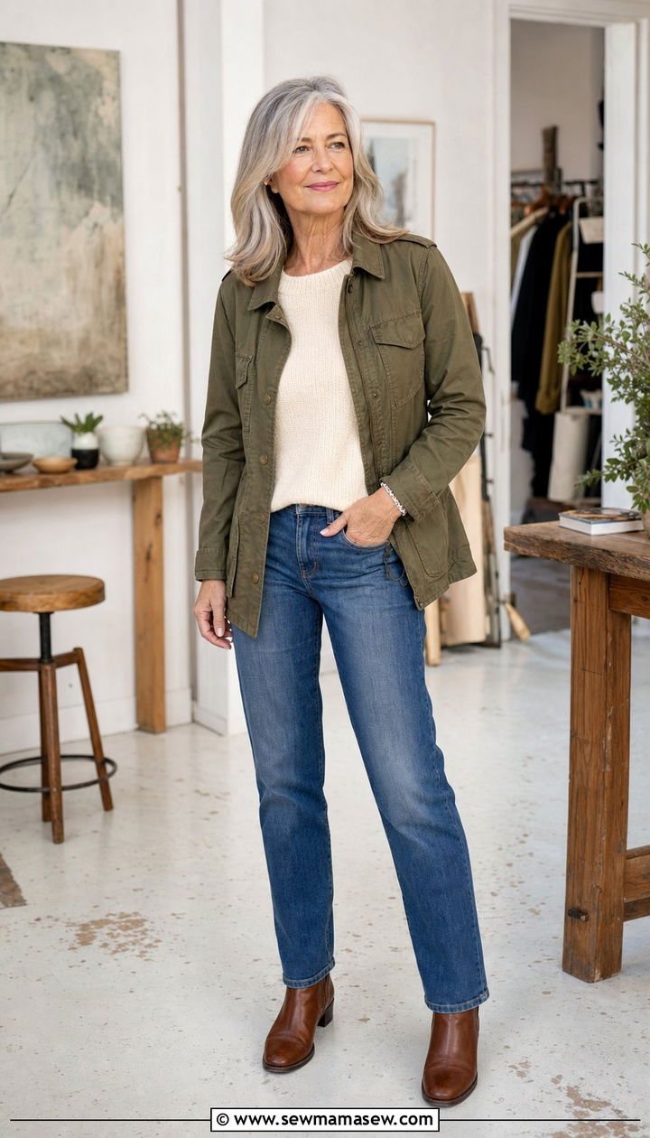 Olive Utility Jacket With Soft Knit Top and Straight Denim - 35 Business casual outfits for women over 60